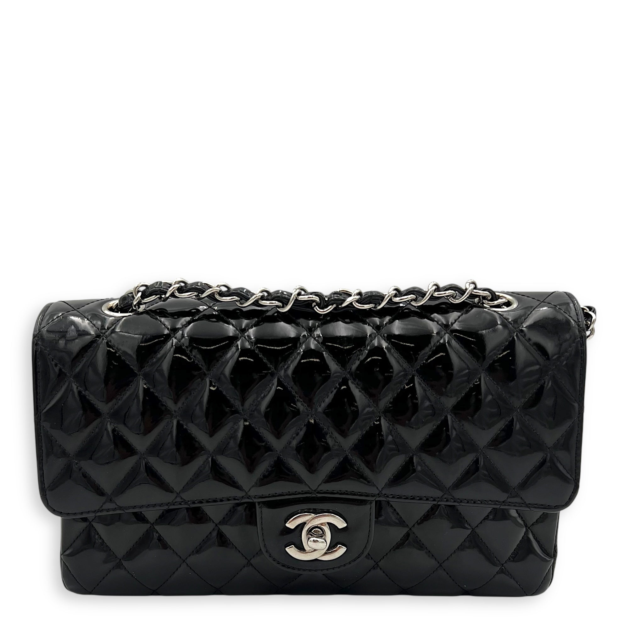 Classic Shoulder Bag Black in Patent Leather, Silver hardware