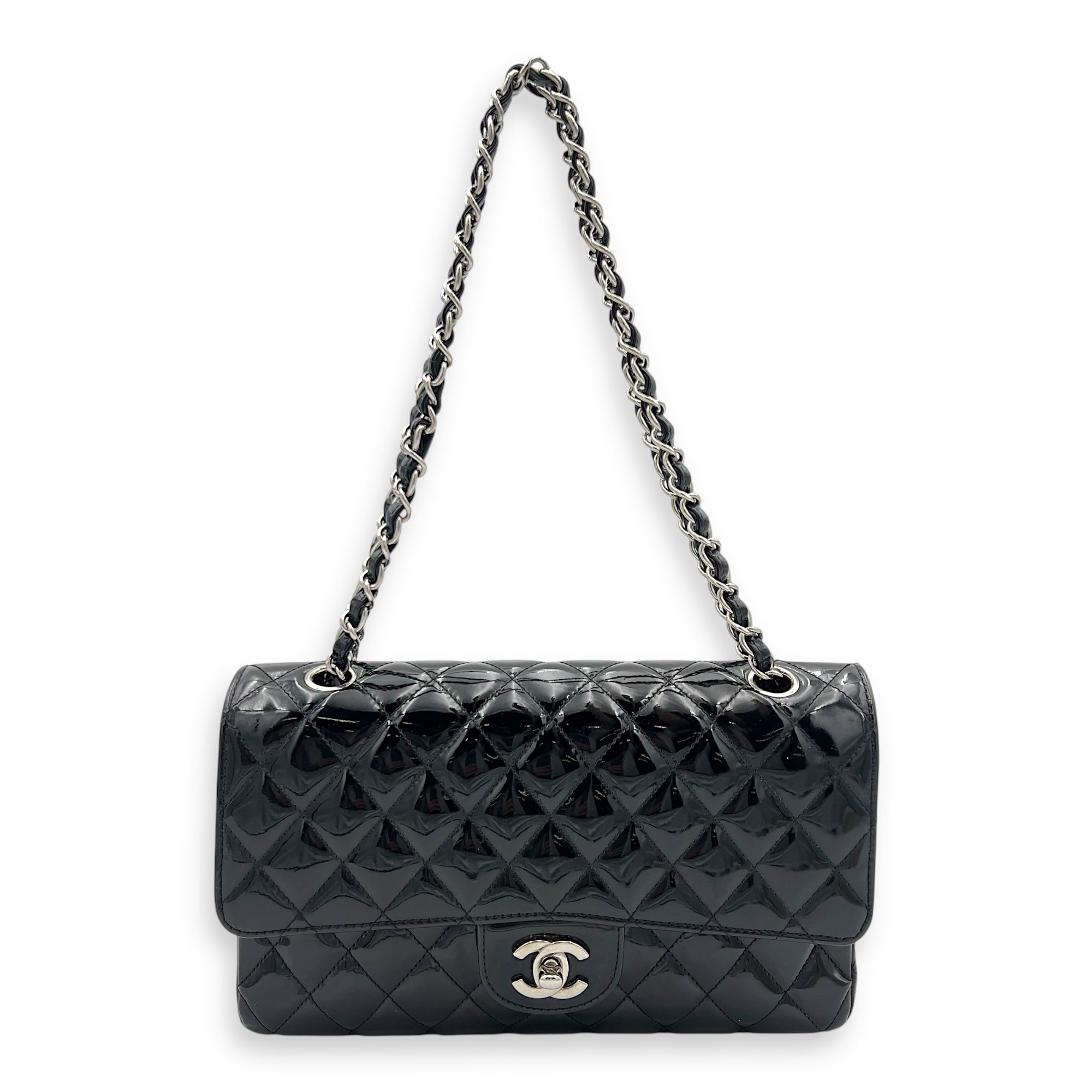 Classic Shoulder Bag Black in Patent Leather, Silver hardware