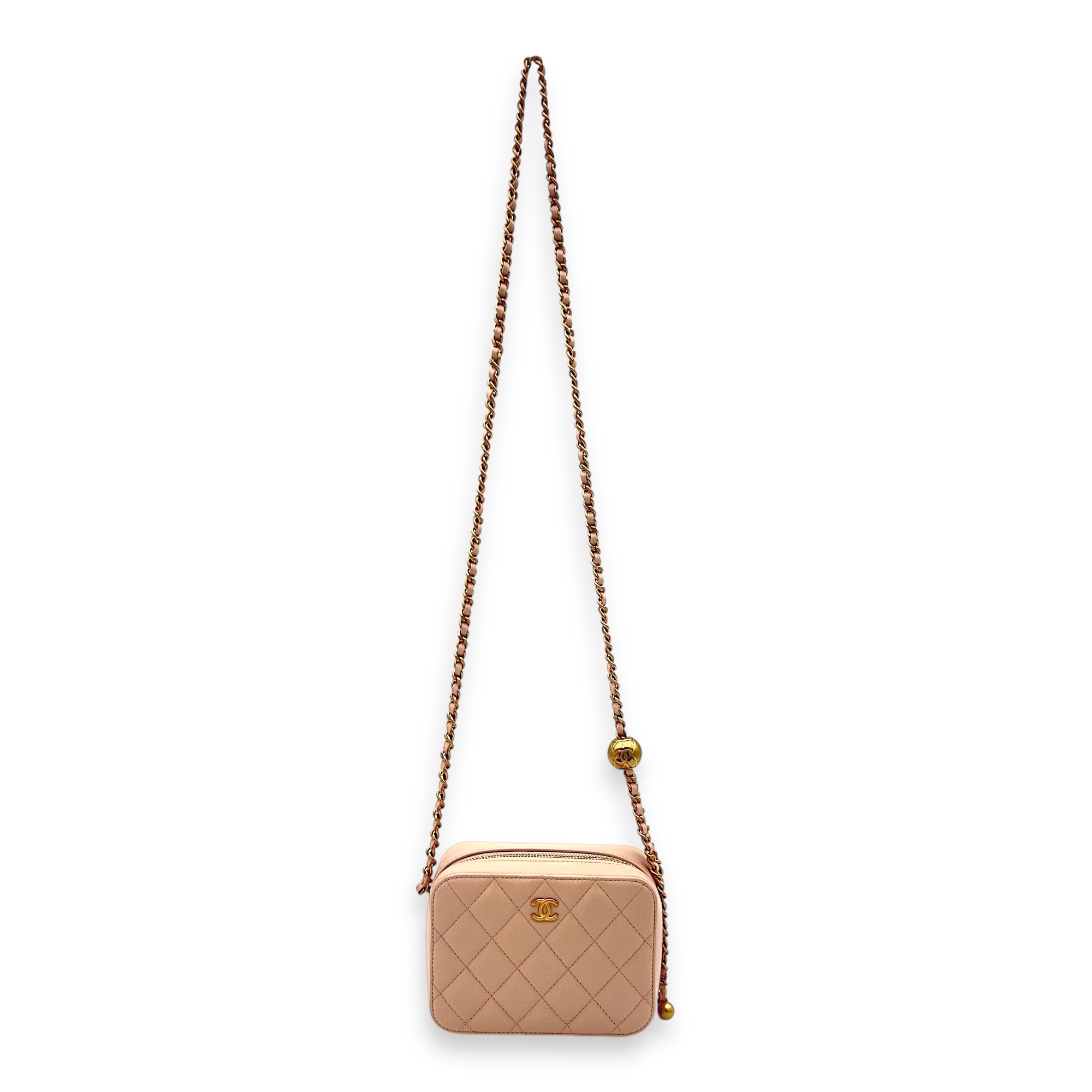 CC Pearl Crush Camera Shoulder Bag Beige in Lambskin, Gold hardware
