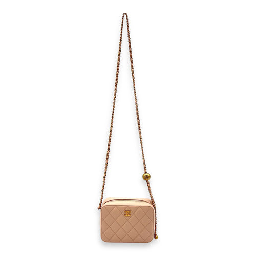 CC Pearl Crush Camera Shoulder Bag Beige in Lambskin, Gold hardware