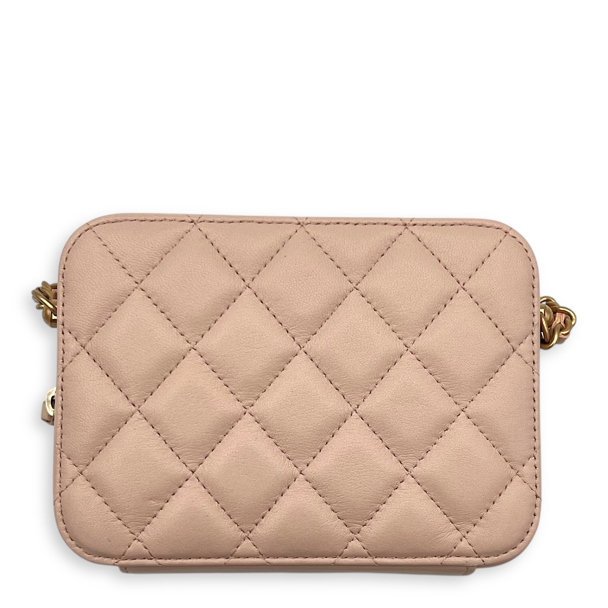 CC Pearl Crush Camera Shoulder Bag Beige in Lambskin, Gold hardware