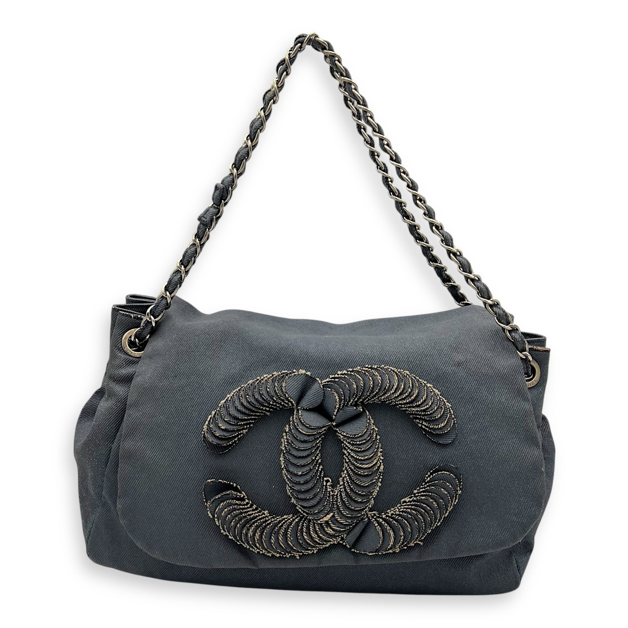 Accordion Shoulder Bag Blue in Denim, Silver hardware