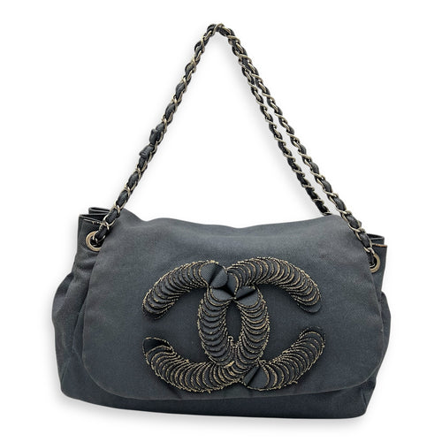 Accordion Shoulder Bag Blue in Denim, Silver hardware