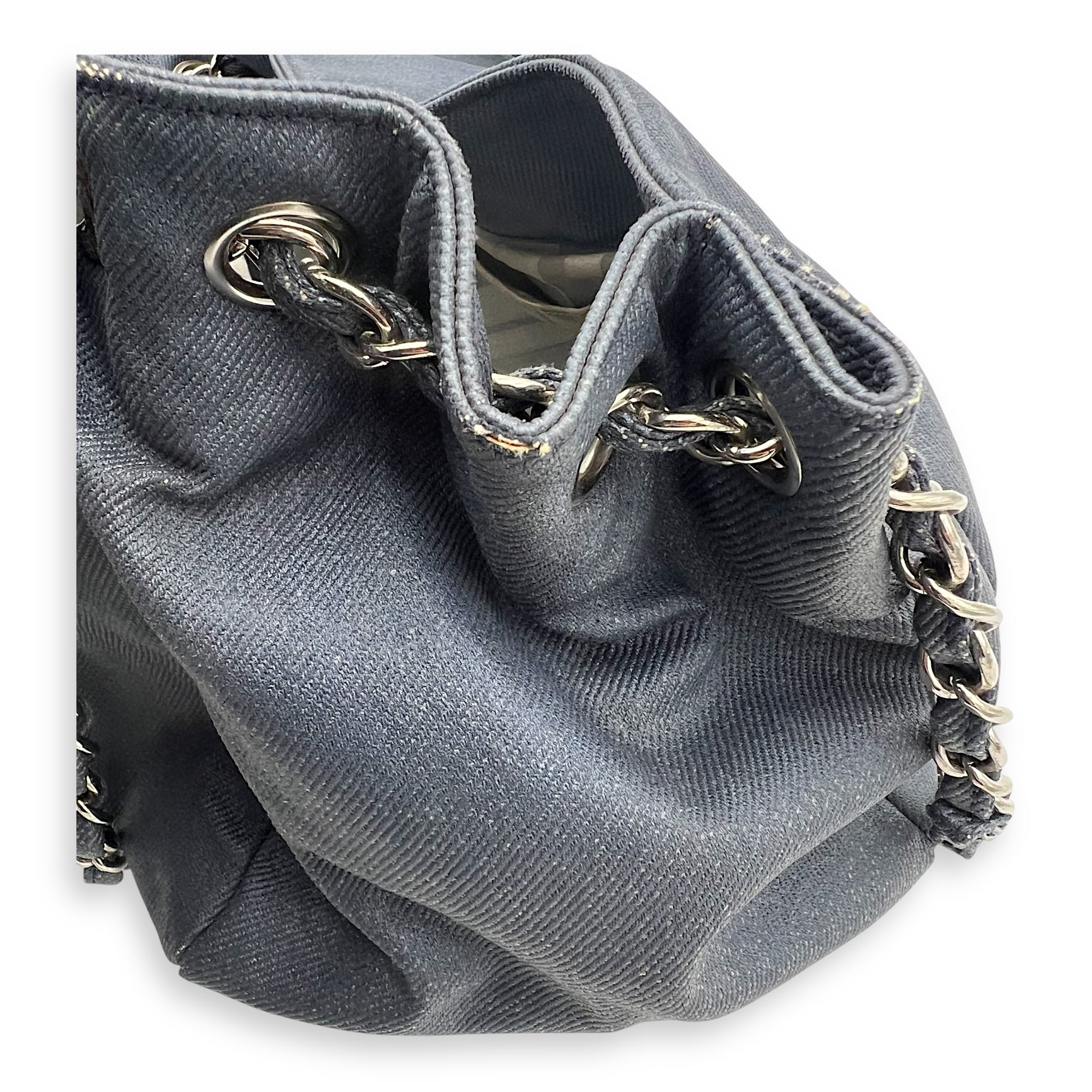 Accordion Shoulder Bag Blue in Denim, Silver hardware