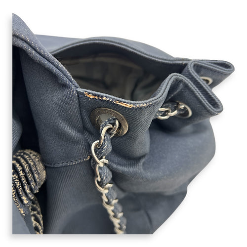 Accordion Shoulder Bag Blue in Denim, Silver hardware