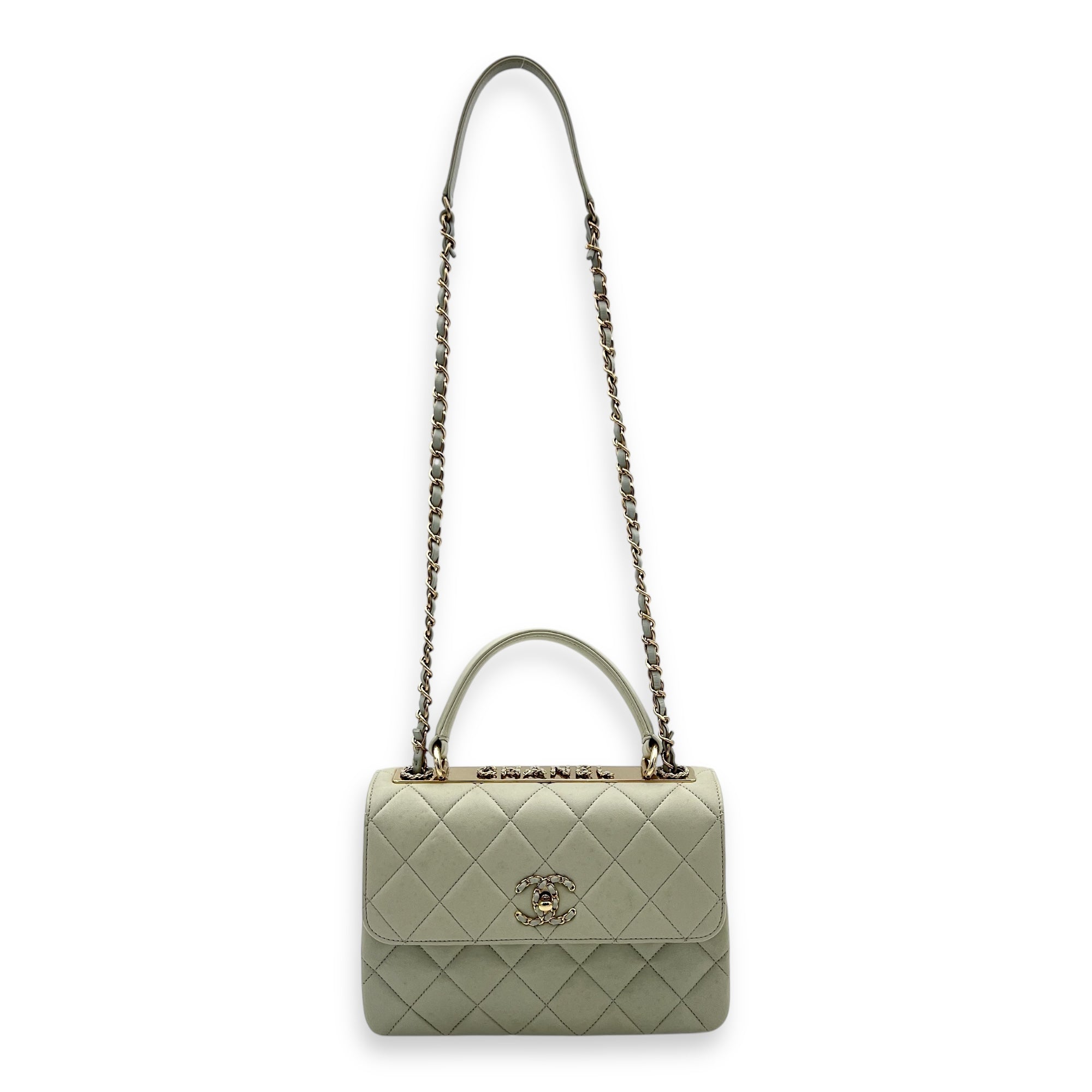 Trendy CC Top Handle Bag Blue in Lambskin, Gold hardware