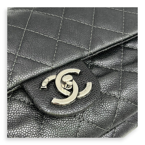 Easy Flap Shoulder Bag Blue in Caviar Leather, Ruthenium hardware