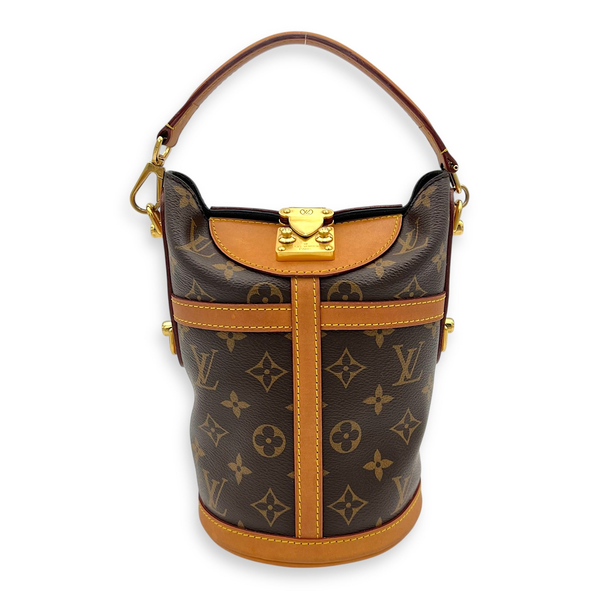 Duffle Shoulder Bag Brown in Monogram Coated Canvas, Gold hardware