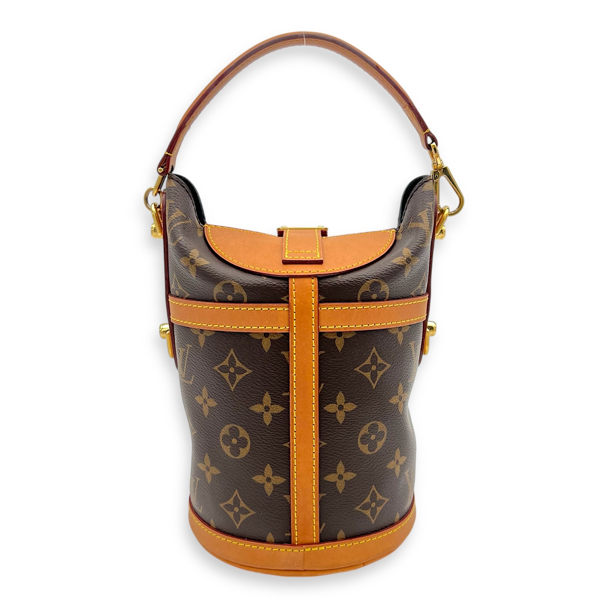 Duffle Shoulder Bag Brown in Monogram Coated Canvas, Gold hardware