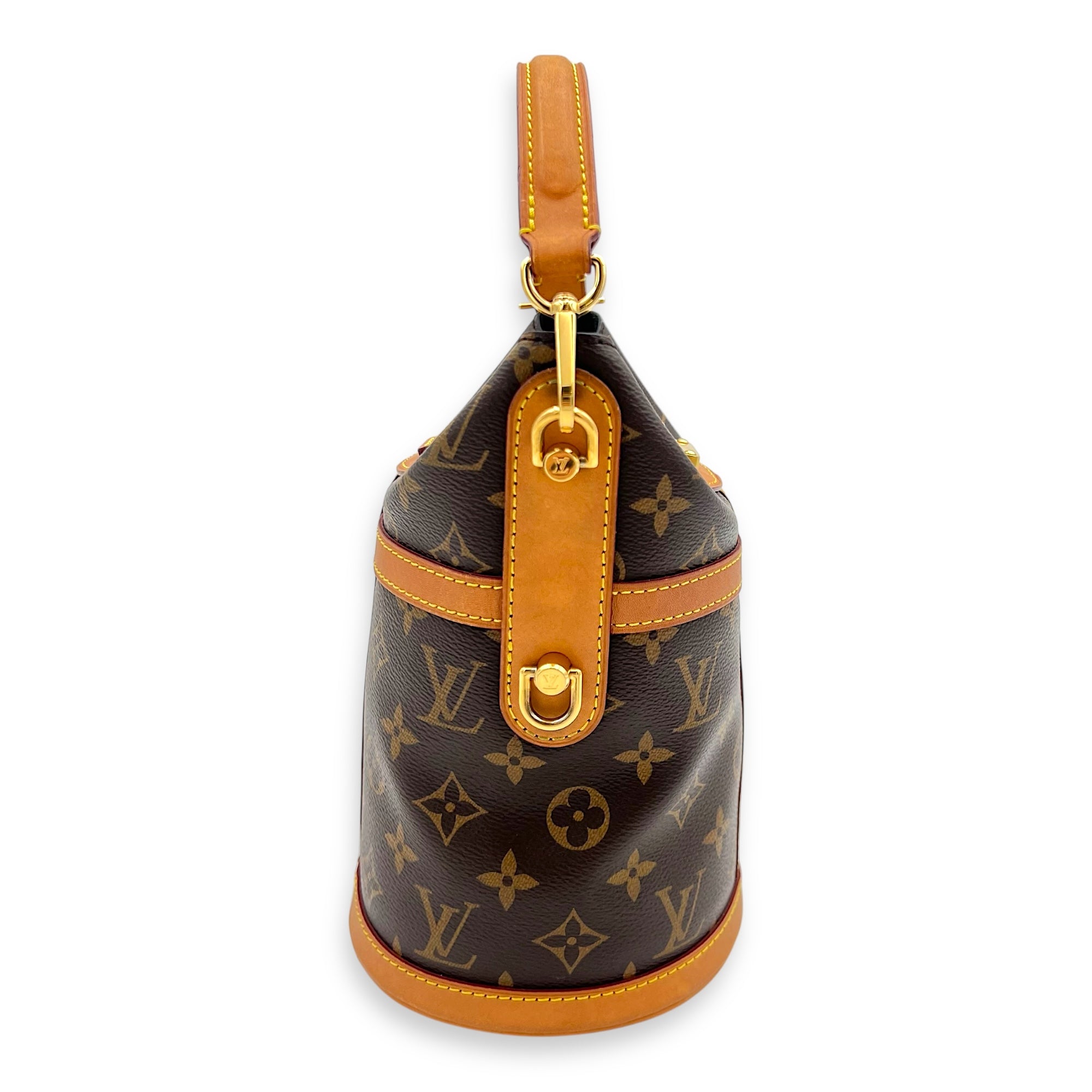 Duffle Shoulder Bag Brown in Monogram Coated Canvas, Gold hardware