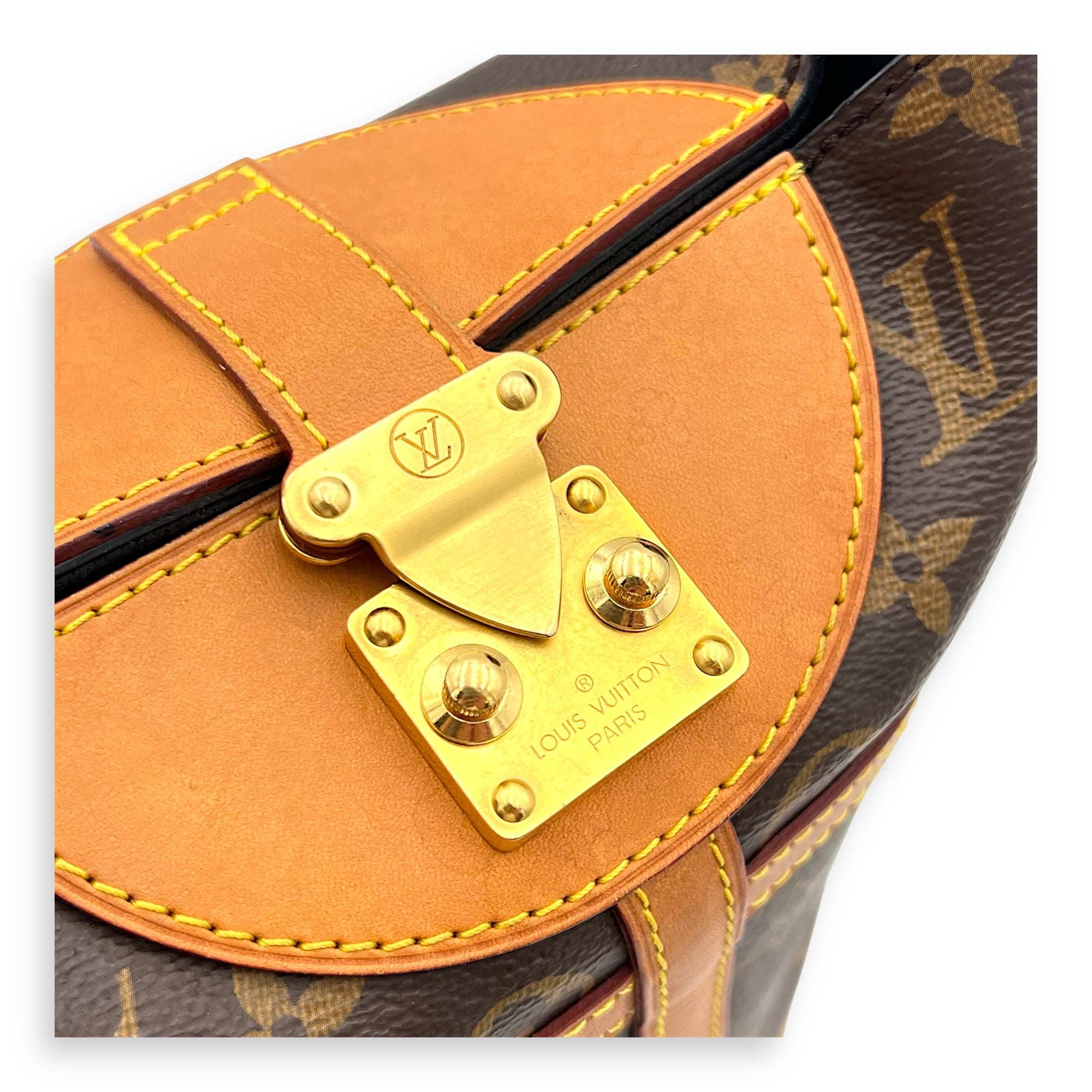 Duffle Shoulder Bag Brown in Monogram Coated Canvas, Gold hardware