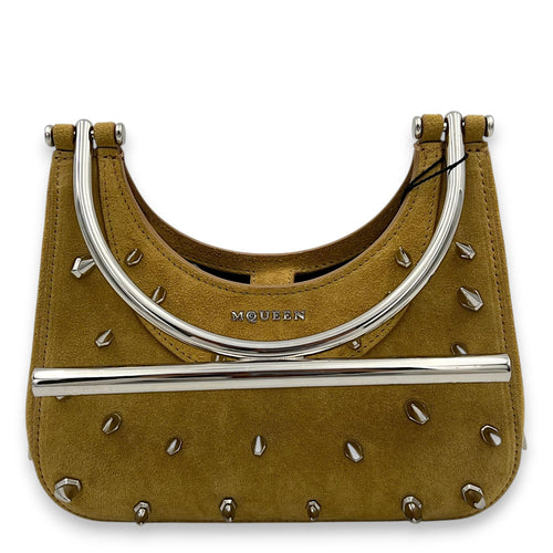Cross Bar Top Handle Bag Brown in Suede Leather, Silver hardware