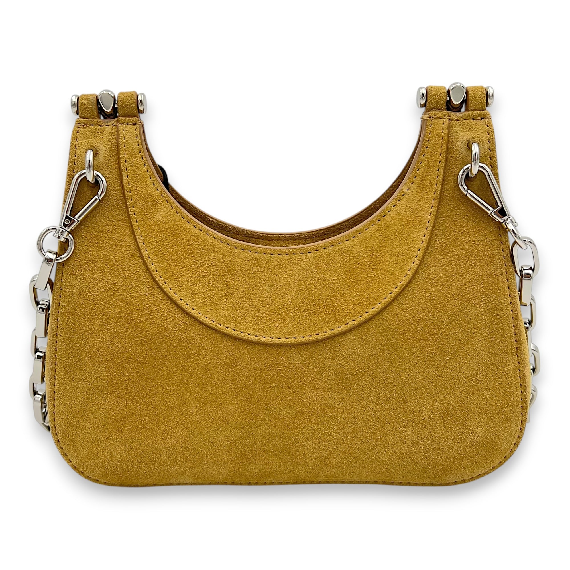 Cross Bar Top Handle Bag Brown in Suede Leather, Silver hardware