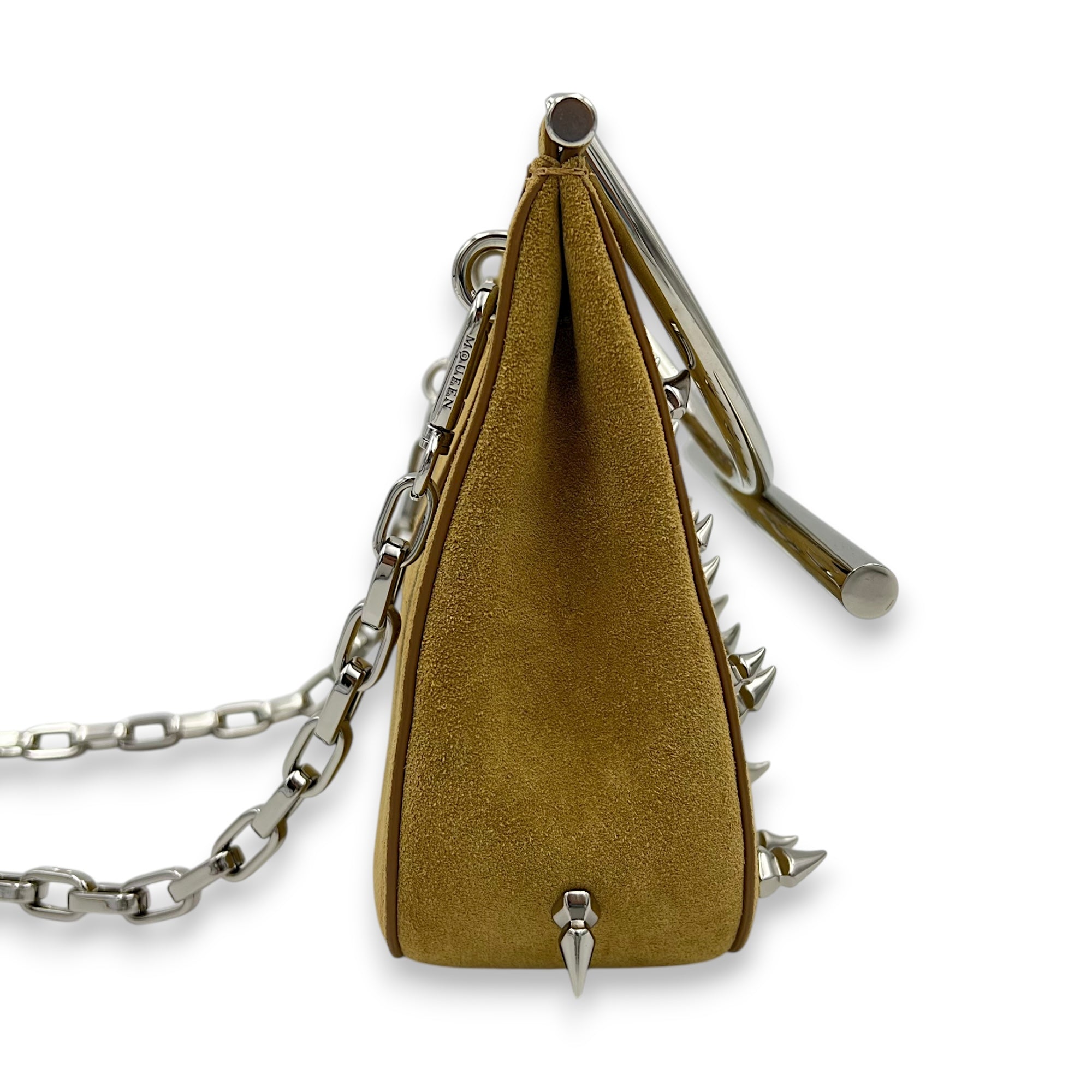 Cross Bar Top Handle Bag Brown in Suede Leather, Silver hardware