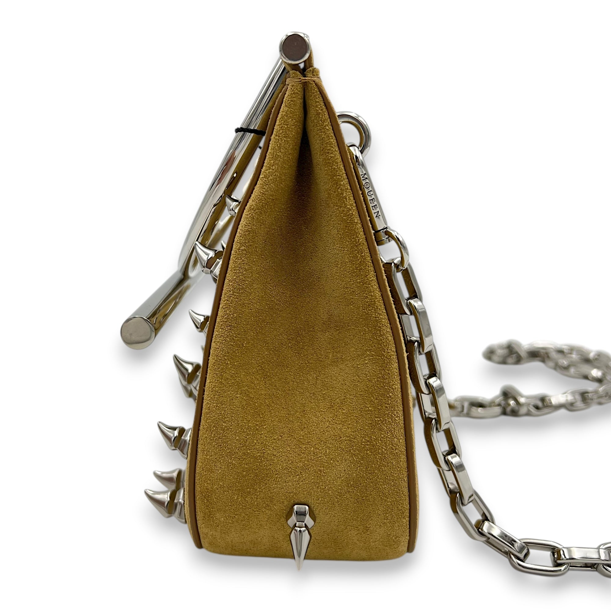 Cross Bar Top Handle Bag Brown in Suede Leather, Silver hardware