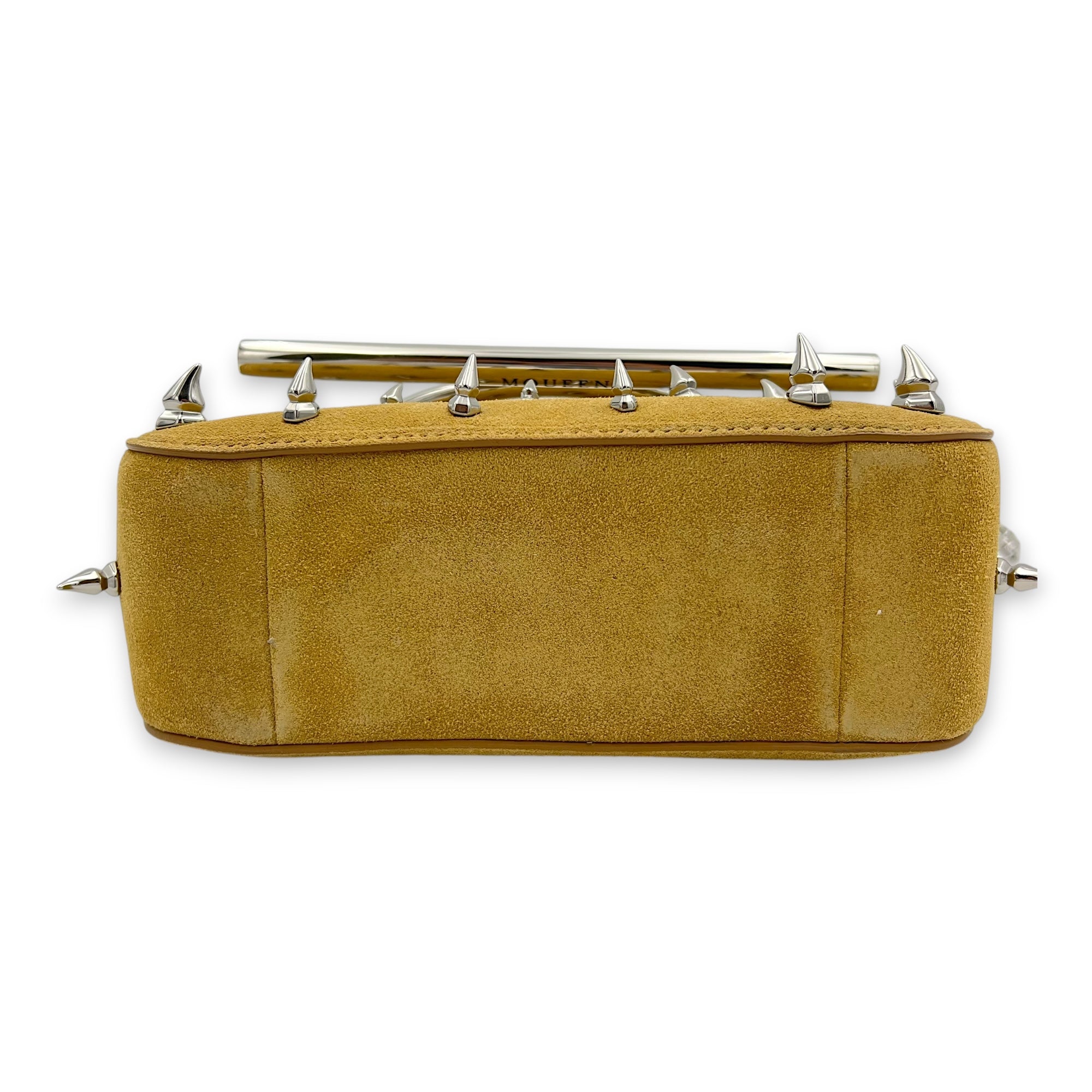 Cross Bar Top Handle Bag Brown in Suede Leather, Silver hardware