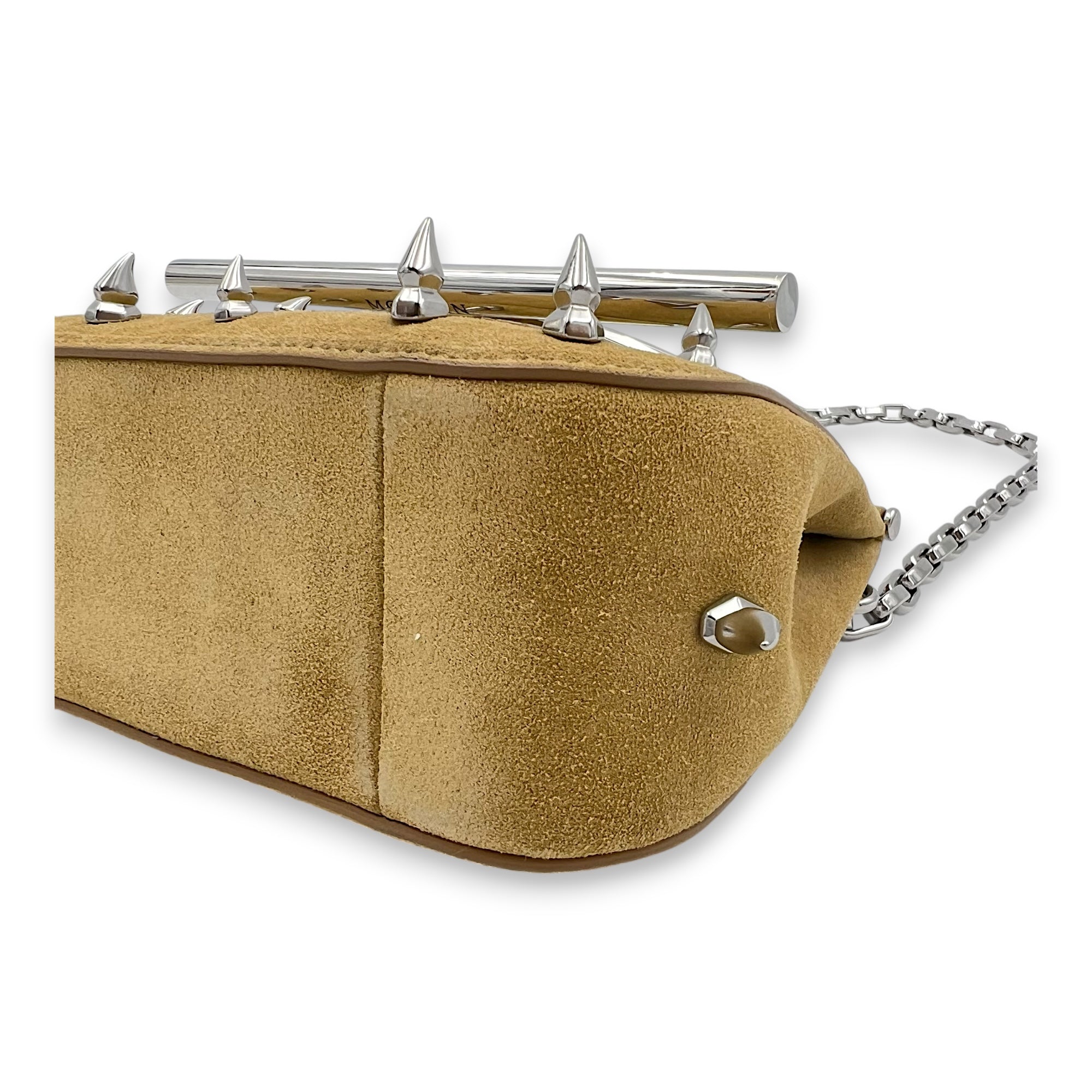 Cross Bar Top Handle Bag Brown in Suede Leather, Silver hardware