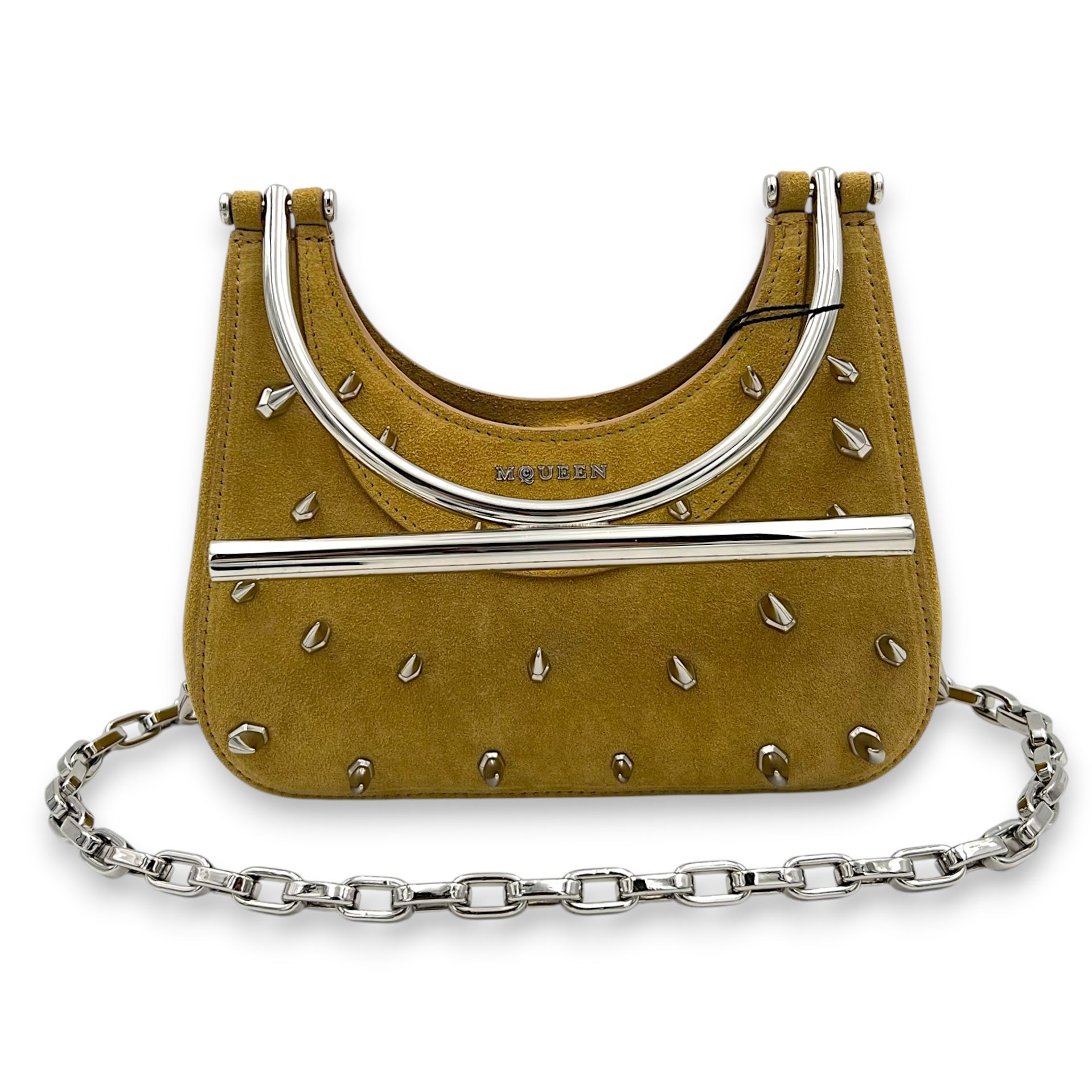 Cross Bar Top Handle Bag Brown in Suede Leather, Silver hardware