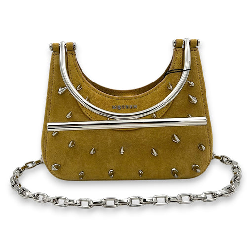 Cross Bar Top Handle Bag Brown in Suede Leather, Silver hardware