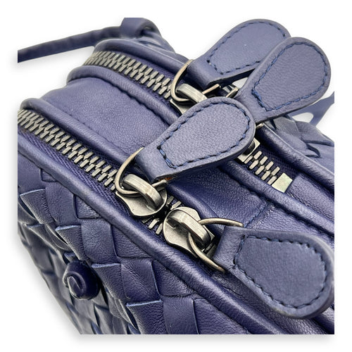 Intrecciato Crossbody Bag Blue in Calfskin, Ruthenium hardware