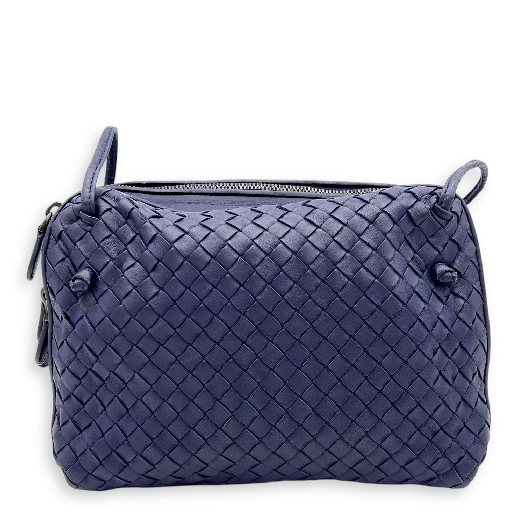 Intrecciato Crossbody Bag Blue in Calfskin, Ruthenium hardware