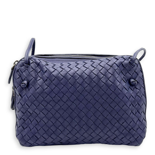 Intrecciato Crossbody Bag Blue in Calfskin, Ruthenium hardware