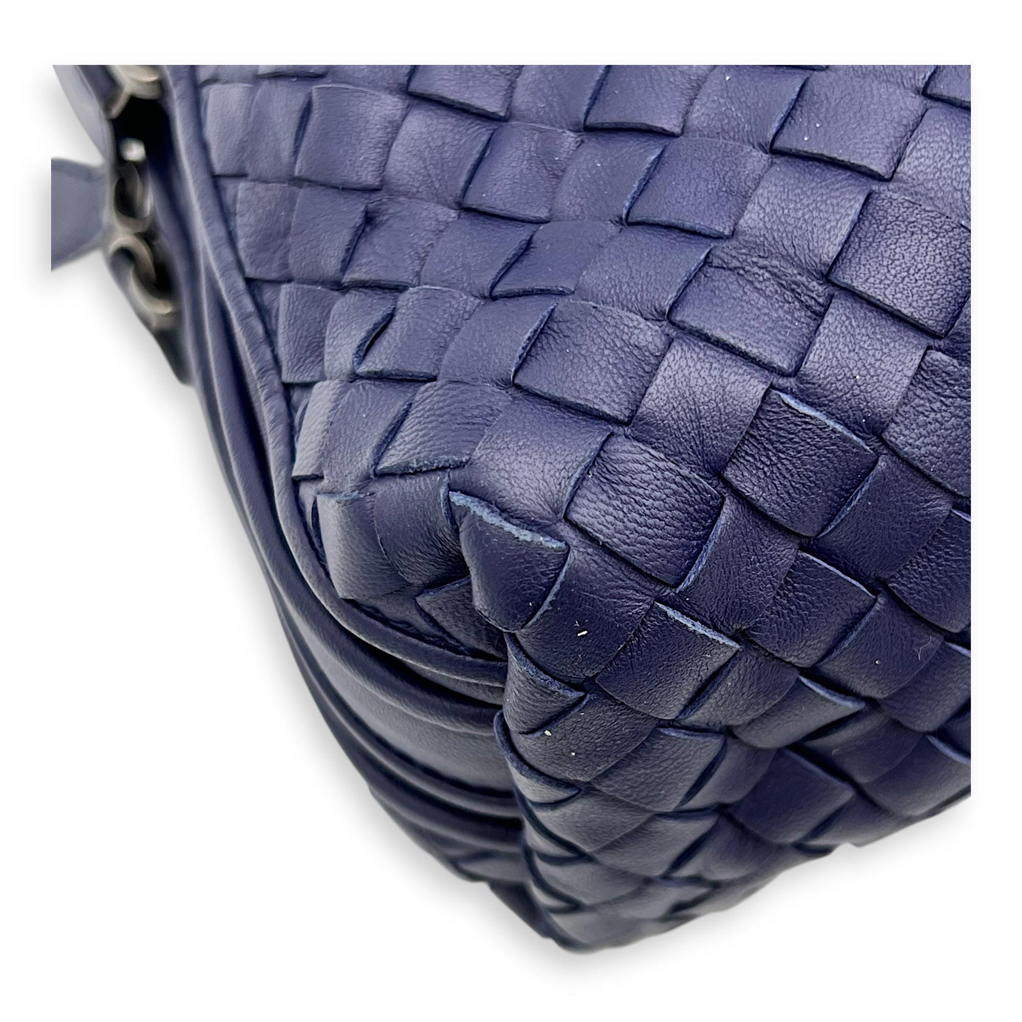 Intrecciato Crossbody Bag Blue in Calfskin, Ruthenium hardware