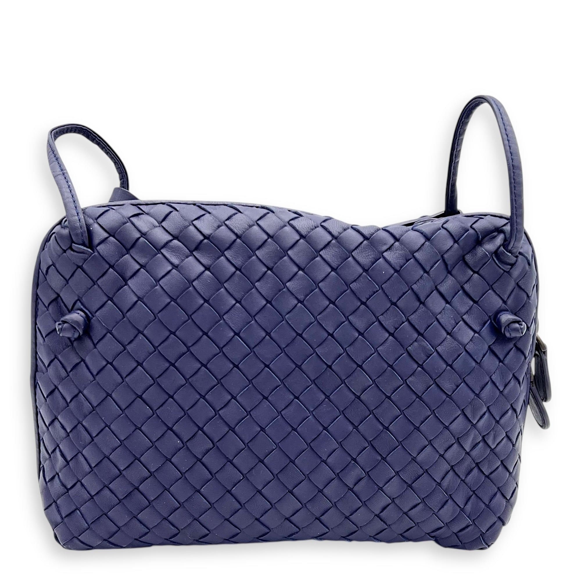 Intrecciato Crossbody Bag Blue in Calfskin, Ruthenium hardware