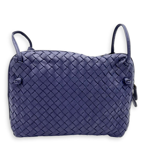 Intrecciato Crossbody Bag Blue in Calfskin, Ruthenium hardware