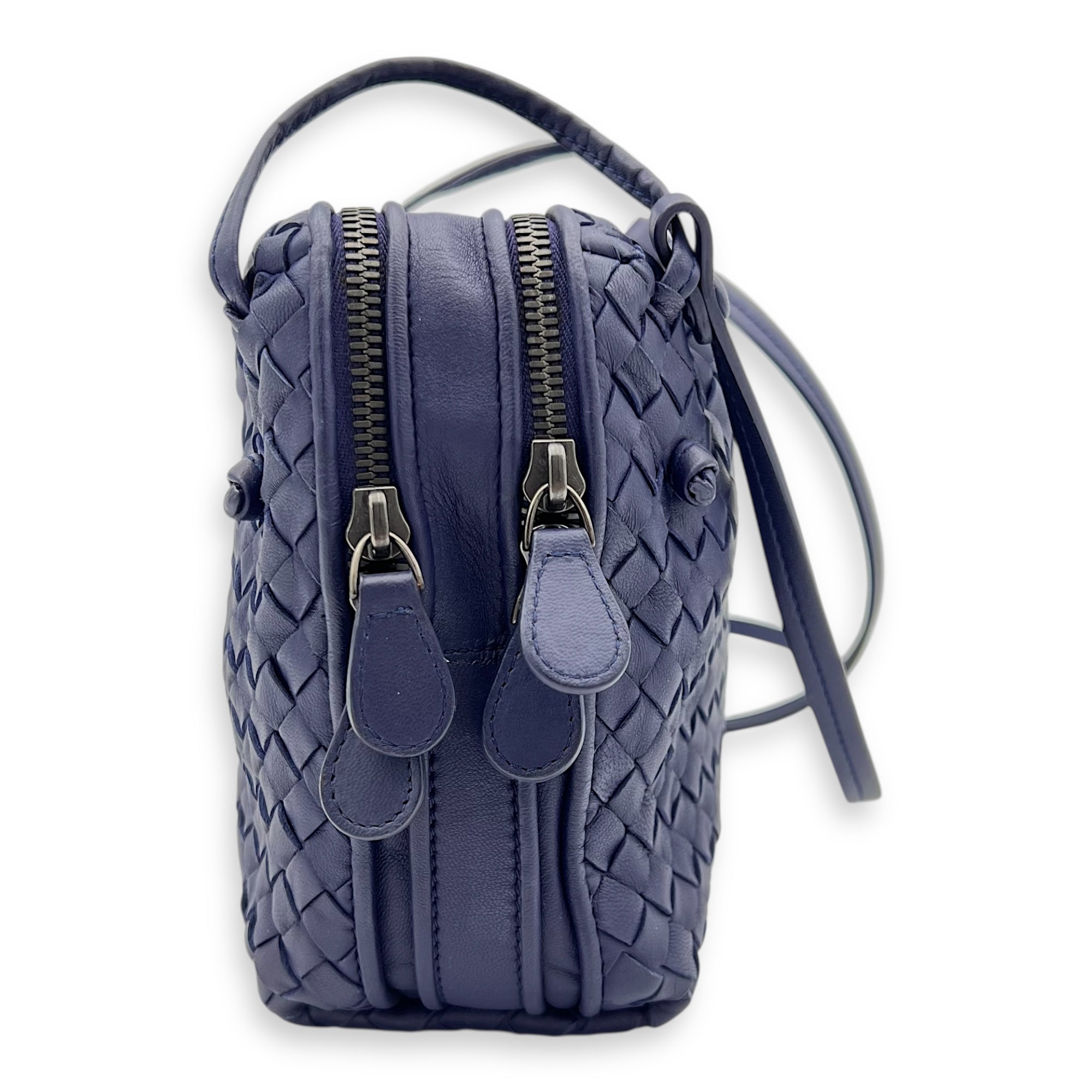 Intrecciato Crossbody Bag Blue in Calfskin, Ruthenium hardware