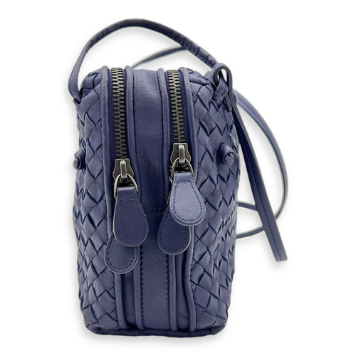 Intrecciato Crossbody Bag Blue in Calfskin, Ruthenium hardware