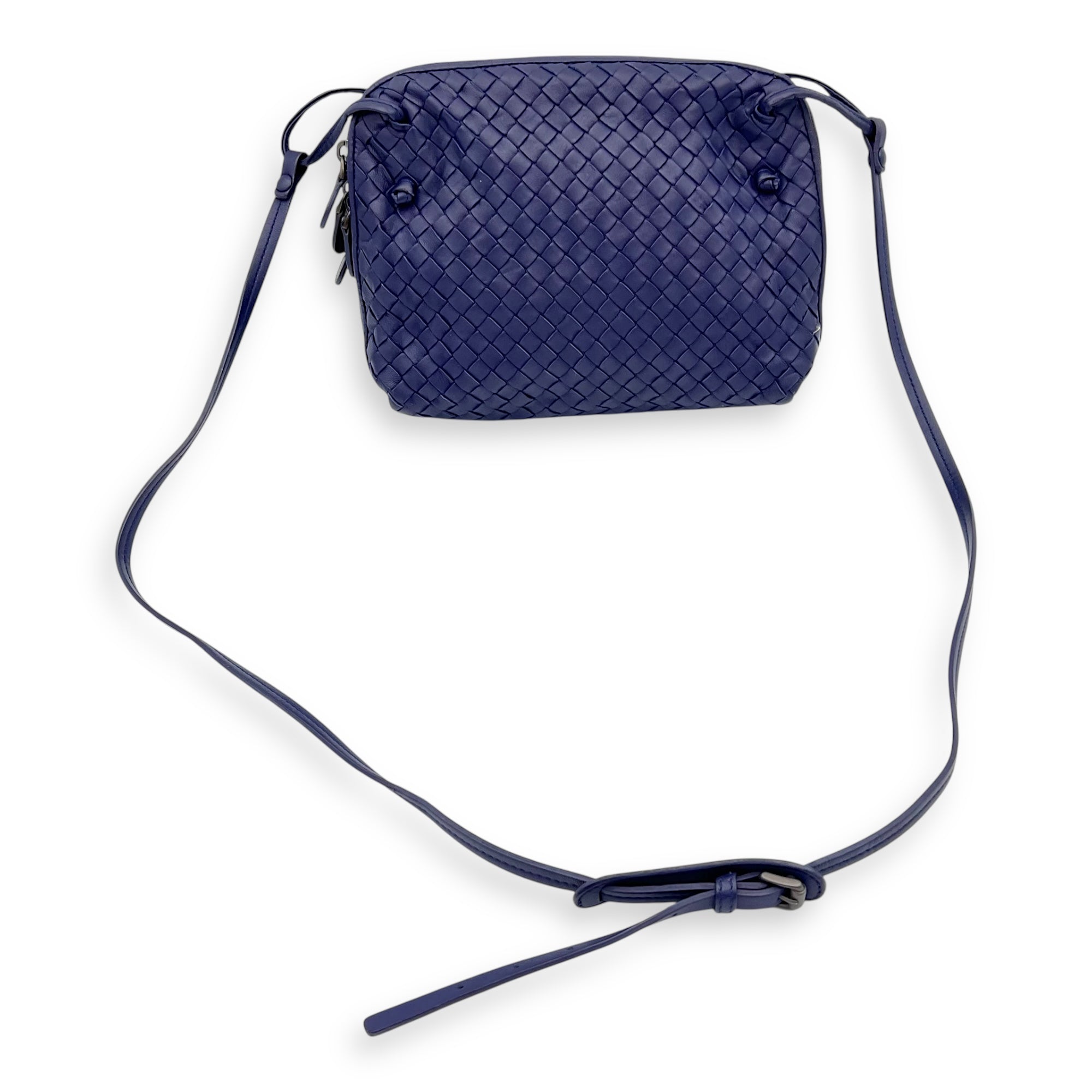 Intrecciato Crossbody Bag Blue in Calfskin, Ruthenium hardware