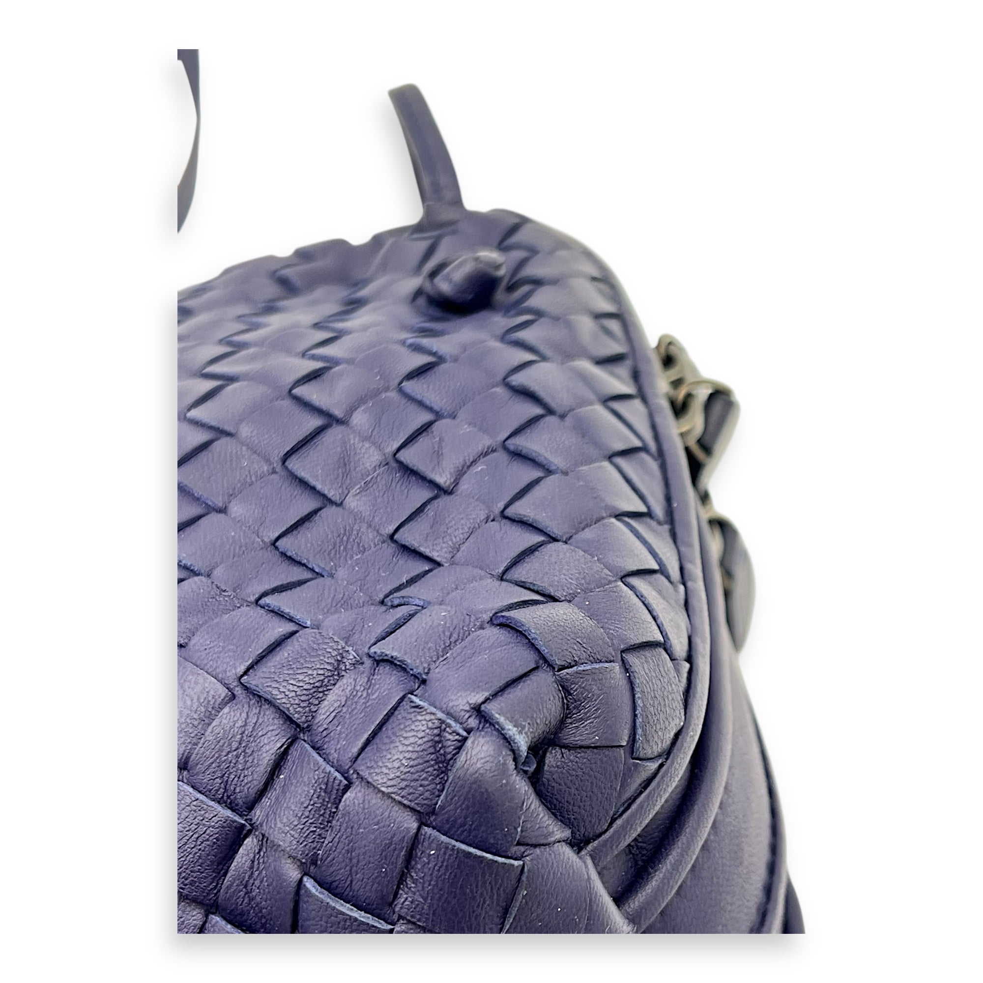 Intrecciato Crossbody Bag Blue in Calfskin, Ruthenium hardware