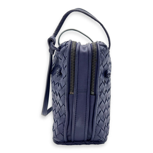 Intrecciato Crossbody Bag Blue in Calfskin, Ruthenium hardware