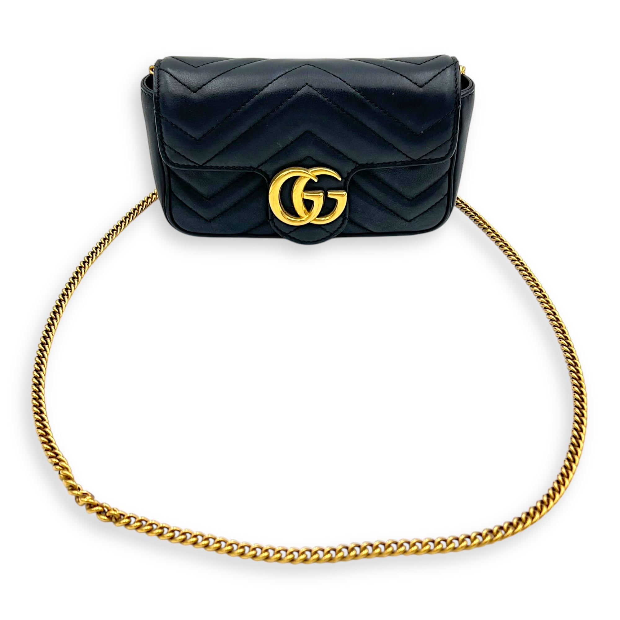 GG Marmont Crossbody Bag Super Mini Black in Calfskin, Gold hardware