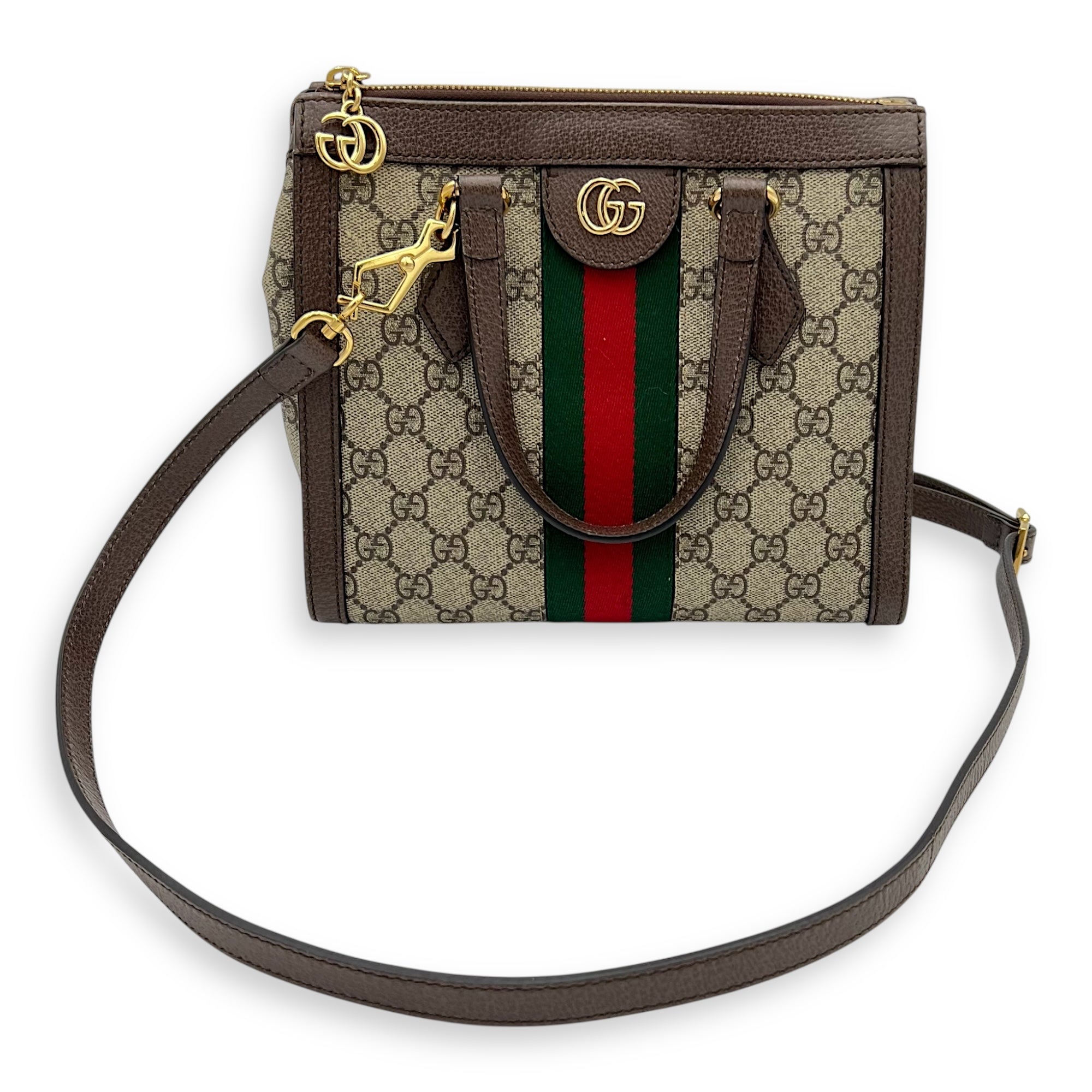 Ophidia Top Handle Bag Brown in Coated Canvas, Gold hardware