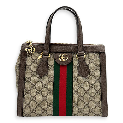 Ophidia Top Handle Bag Brown in Coated Canvas, Gold hardware