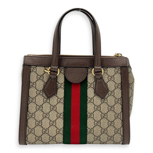 Ophidia Top Handle Bag Brown in Coated Canvas, Gold hardware