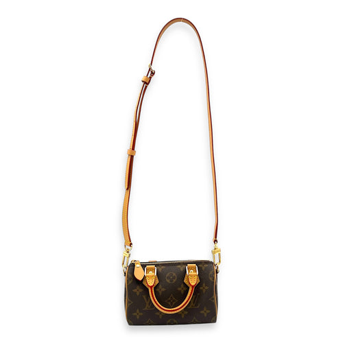 Speedy Crossbody Bag Nano Brown in Monogram Coated Canvas, Gold hardware