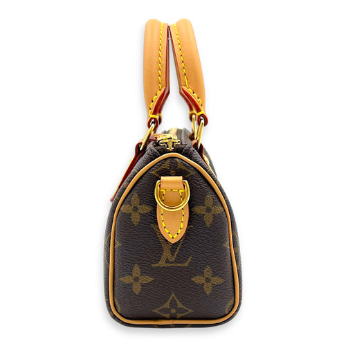 Speedy Crossbody Bag Nano Brown in Monogram Coated Canvas, Gold hardware