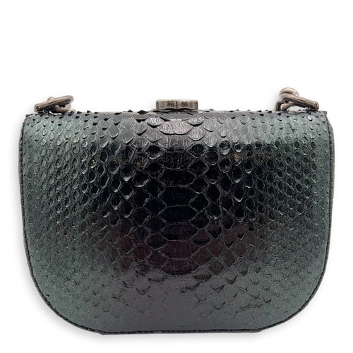 Kisslock Shoulder Bag Green in Python Leather, Silver hardware