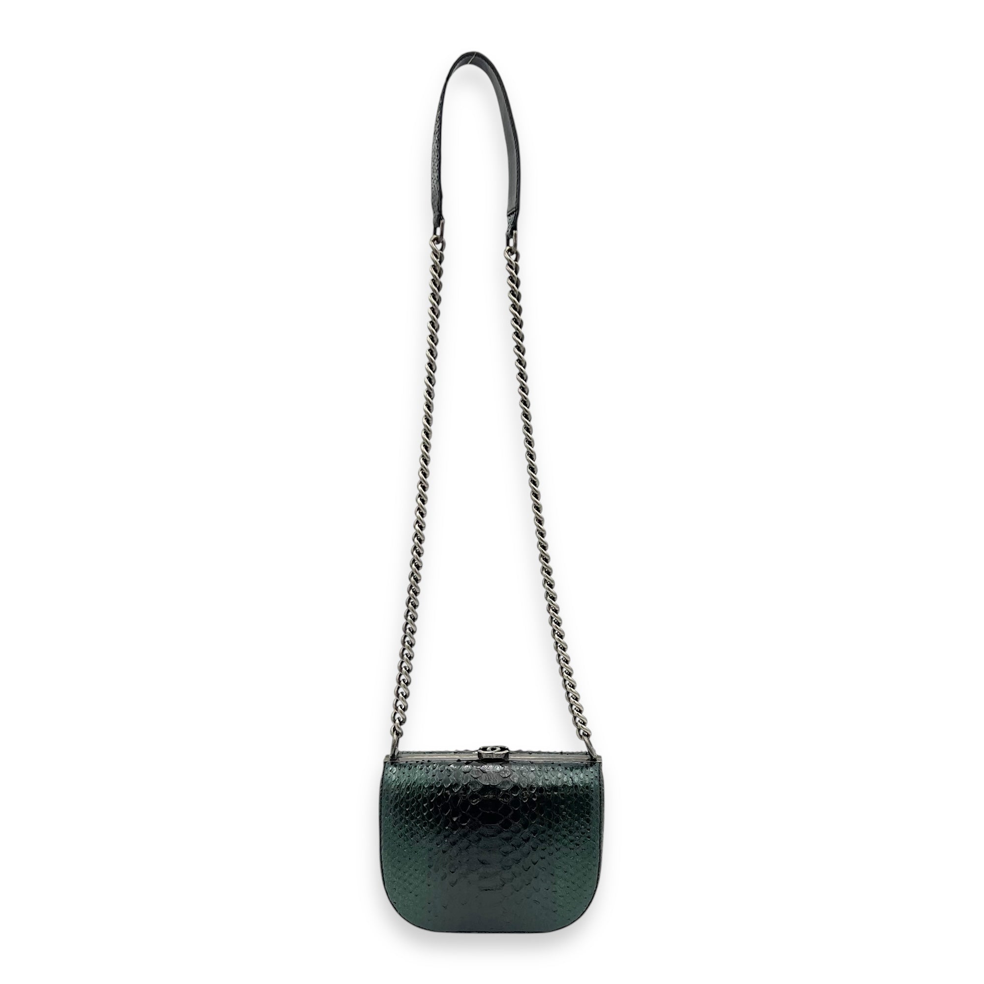 Kisslock Shoulder Bag Green in Python Leather, Silver hardware