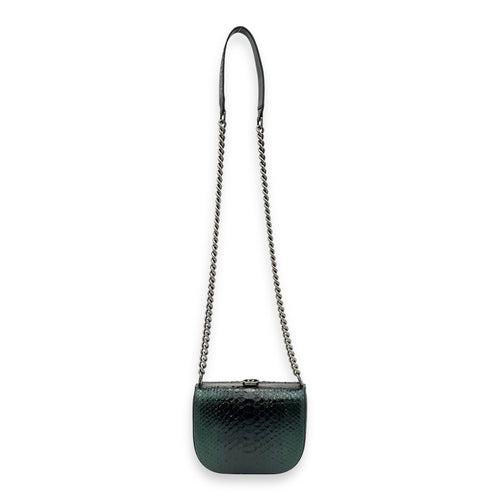 Kisslock Shoulder Bag Green in Python Leather, Silver hardware