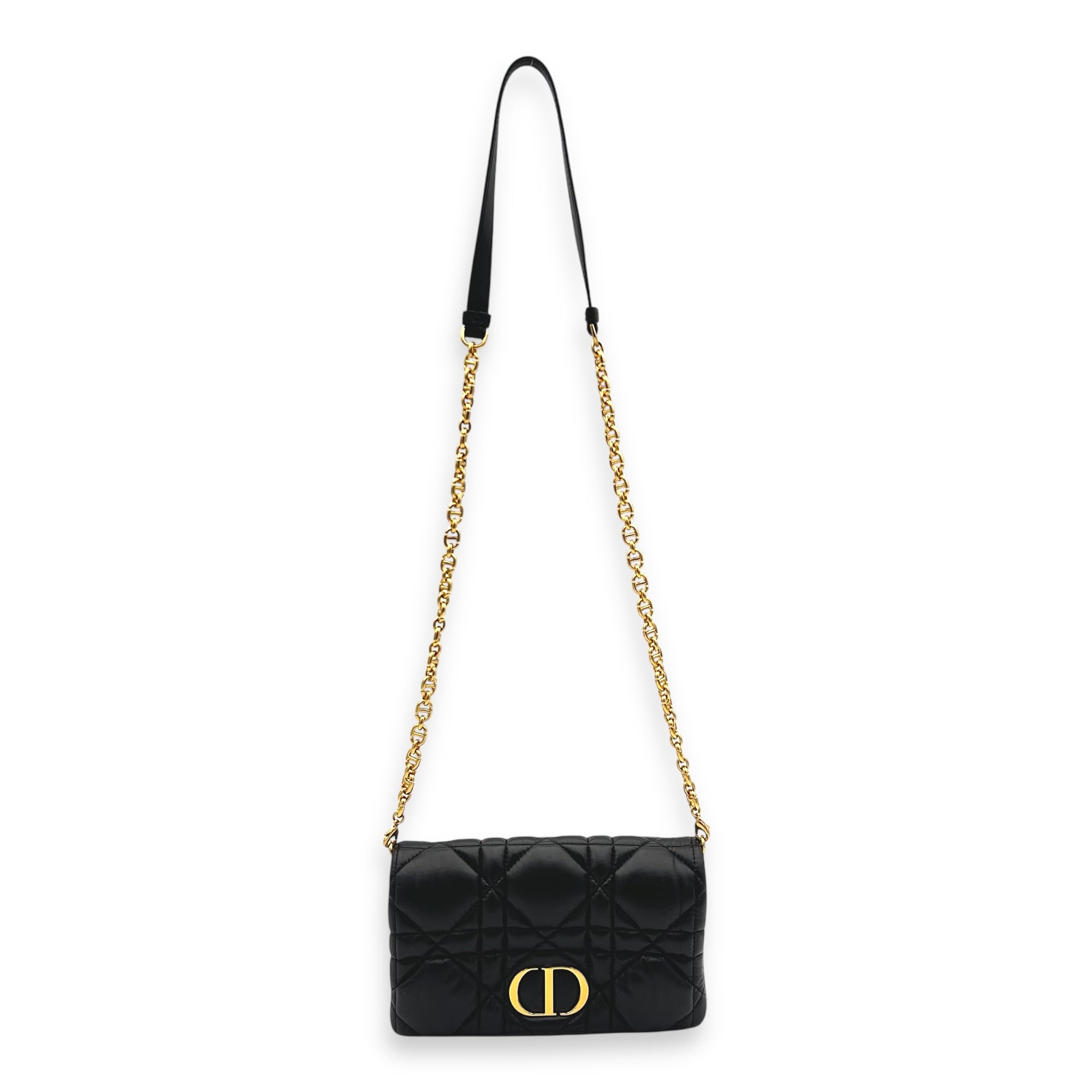 Caro Shoulder Bag Macrocannage Mini Chain Black in Calfskin, Gold hardware