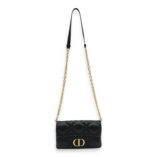 Caro Shoulder Bag Macrocannage Mini Chain Black in Calfskin, Gold hardware