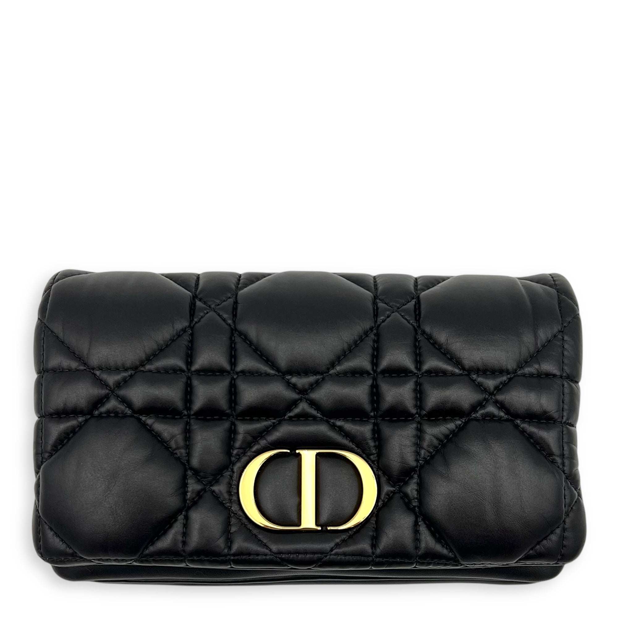 Caro Shoulder Bag Macrocannage Mini Chain Black in Calfskin, Gold hardware