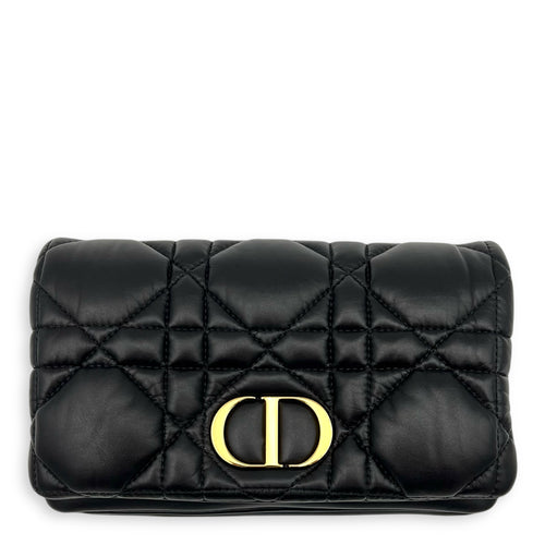 Caro Shoulder Bag Macrocannage Mini Chain Black in Calfskin, Gold hardware