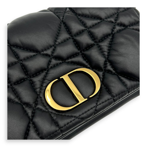 Caro Shoulder Bag Macrocannage Mini Chain Black in Calfskin, Gold hardware