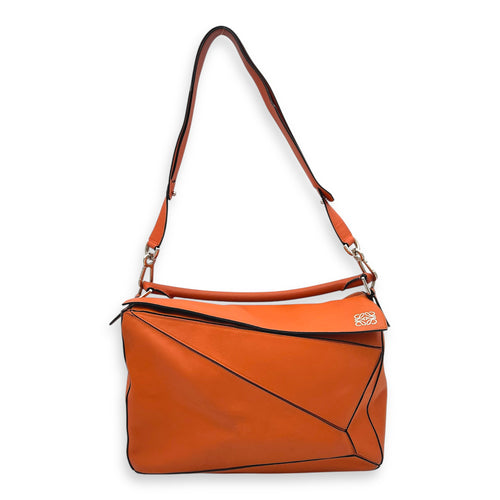 Puzzle Top Handle Bag Medium Orange in Calfskin, Silver hardware