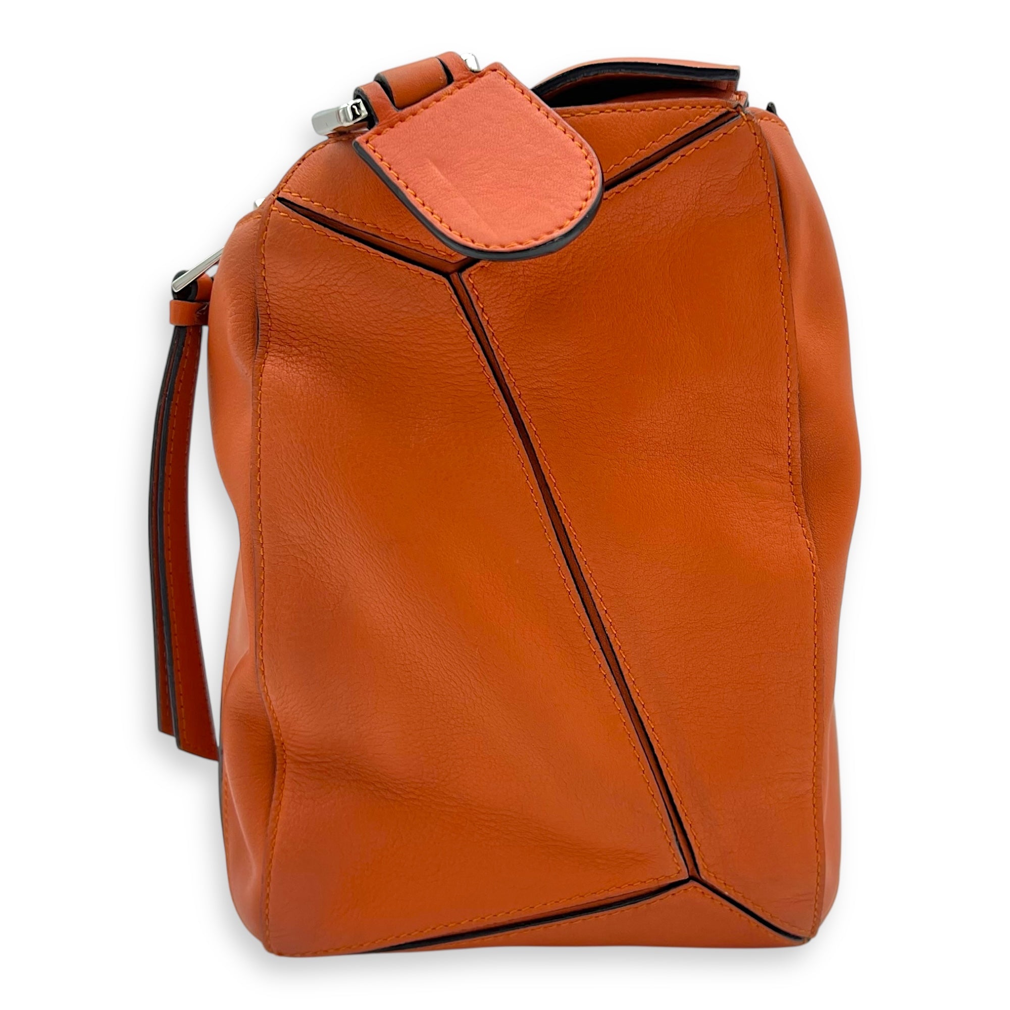 Puzzle Top Handle Bag Medium Orange in Calfskin, Silver hardware